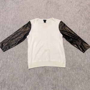 Ann Taylor white sweater with faux leather sleeves